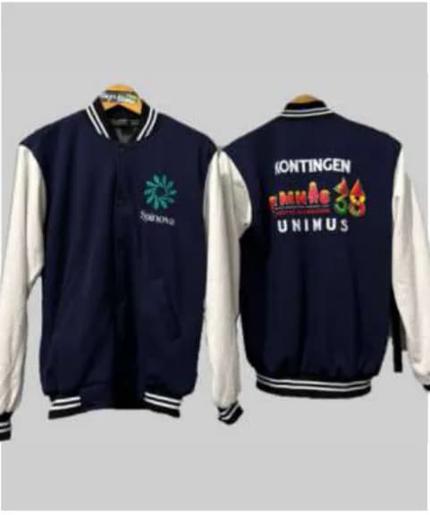 Varsity jacket navy putih Kontingen Pomnas Unimus tampak depan dan belakang